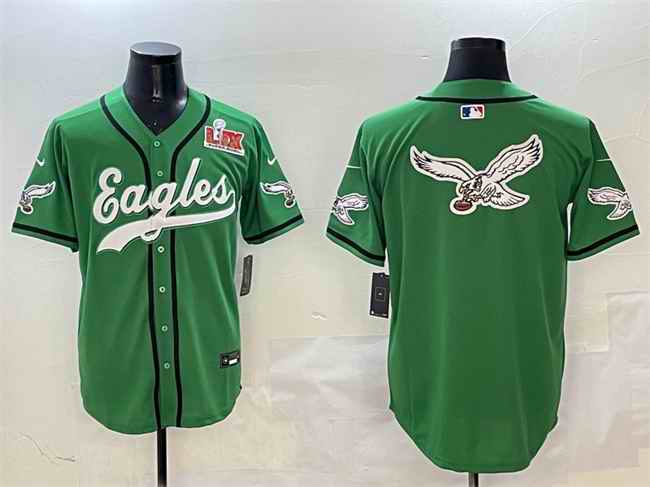 Men's Philadelphia Eagles Team Big Logo Green 2025 Super Bowl LIX Patch Stitched Baseball Jersey